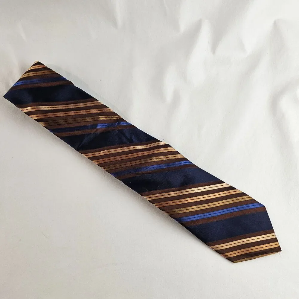 Ted Baker London 100% Silk Tie Brown Blue Gold Striped Handmade USA Necktie